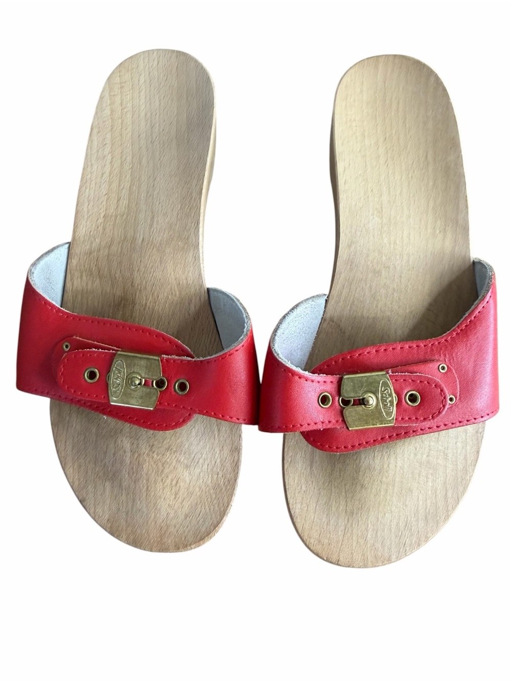 Vintage Dr. Scholl’s Wood Exercise Sandals size 8 Red Leather Gold Buckle Shoes